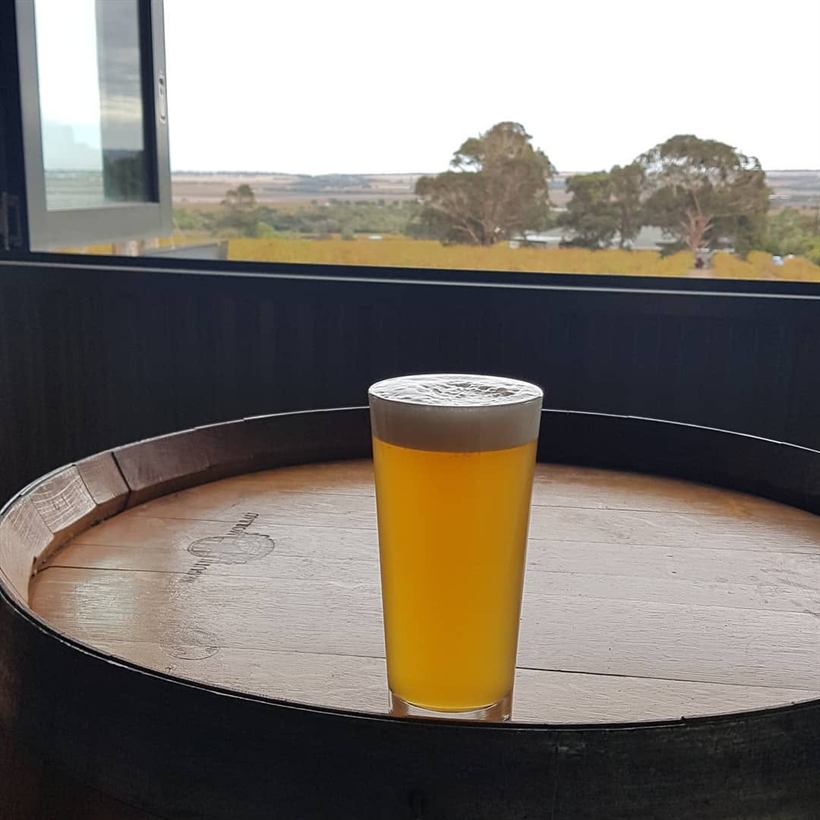 Pint of golden beer on a wine barrel table by the window