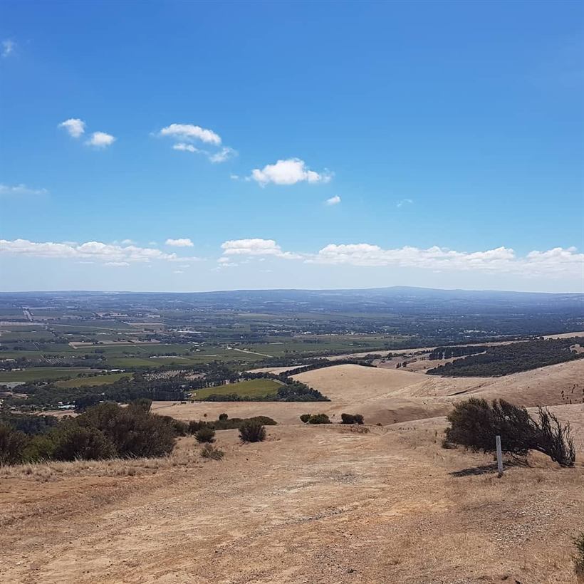 View from the hills over paddocks to the plains